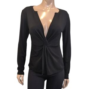 DKNY Long Sleeve Twist Front Top Plunging Vneck Draped Black Blouse Size Medium